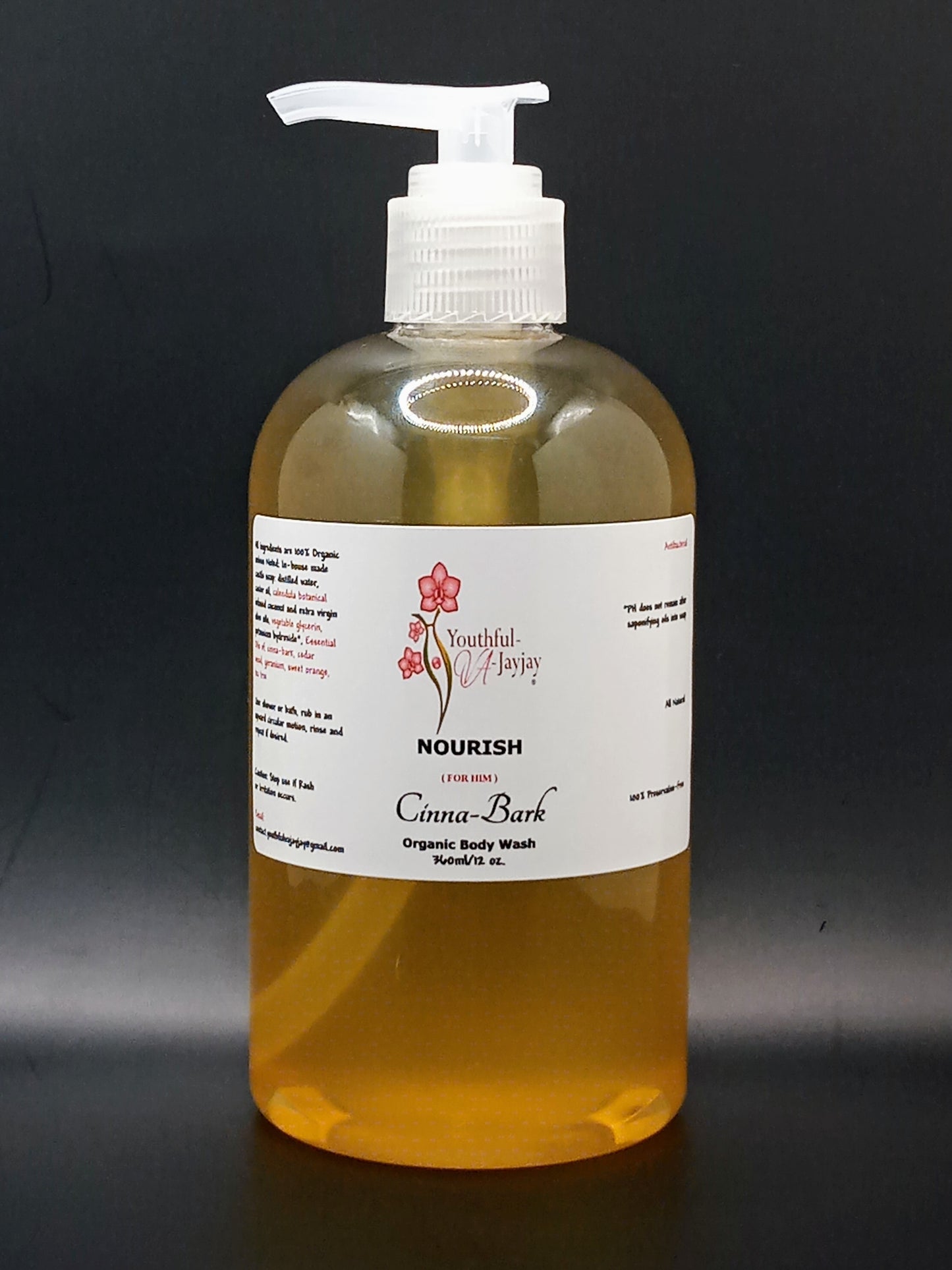 NOURISH: Cinna-Bark Organic Daily Body Wash, Handcrafted, Antibacterial, FOR HIM, 12oz.