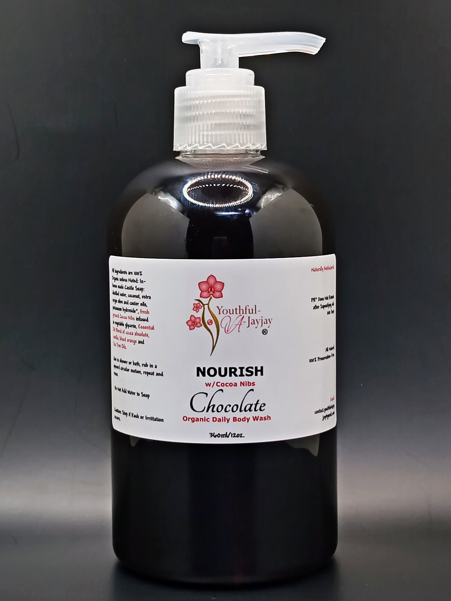 NOURISH: Chocolate Organic Body Wash, Handcrafted, Antibacterial, Unisex 12oz