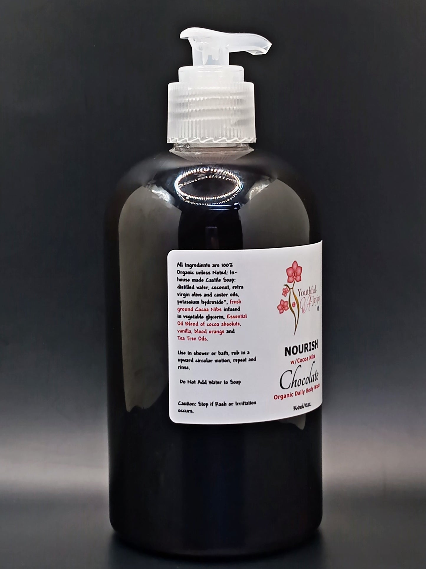 NOURISH: Chocolate Organic Body Wash, Handcrafted, Antibacterial, Unisex 12oz