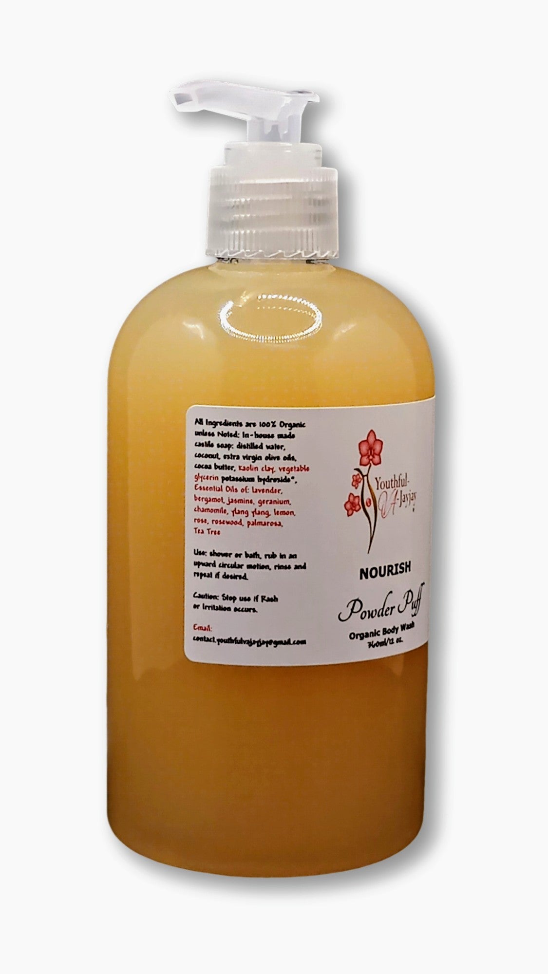 NOURISH: Powder Puff Organic Body Wash, Handcrafted, Antibacterial, 12oz.