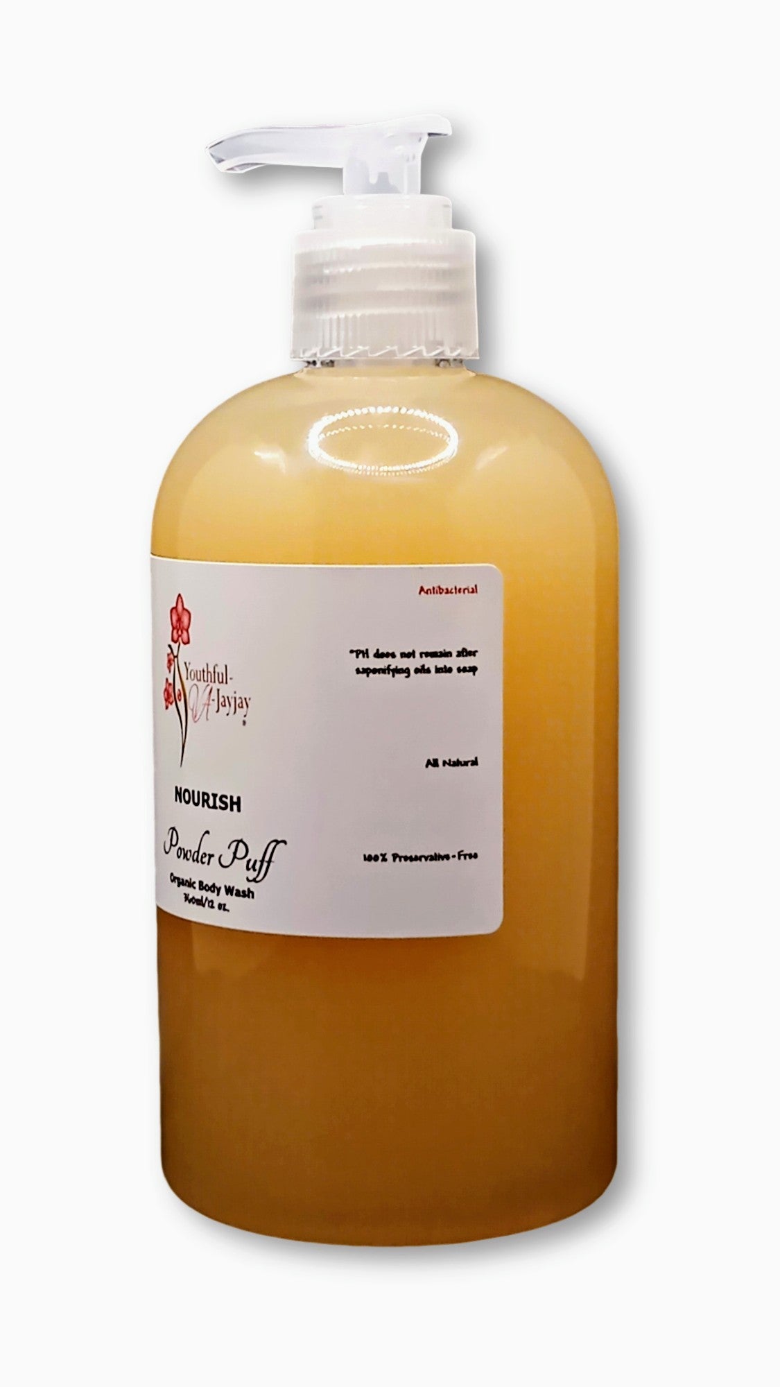 NOURISH: Powder Puff Organic Body Wash, Handcrafted, Antibacterial, 12oz.