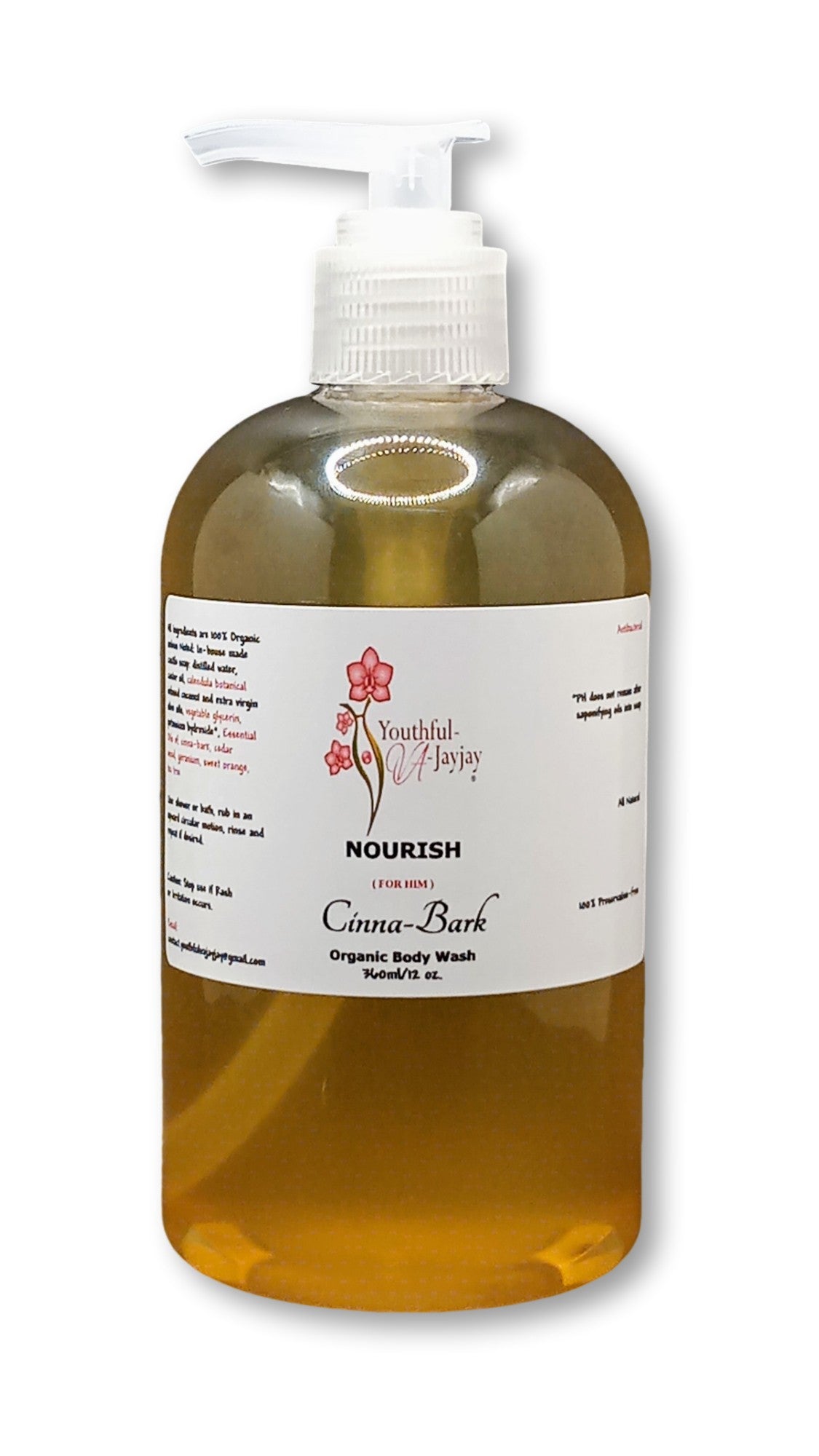 NOURISH: Cinna-Bark Organic Daily Body Wash, Handcrafted, Antibacterial, FOR HIM, 12oz.