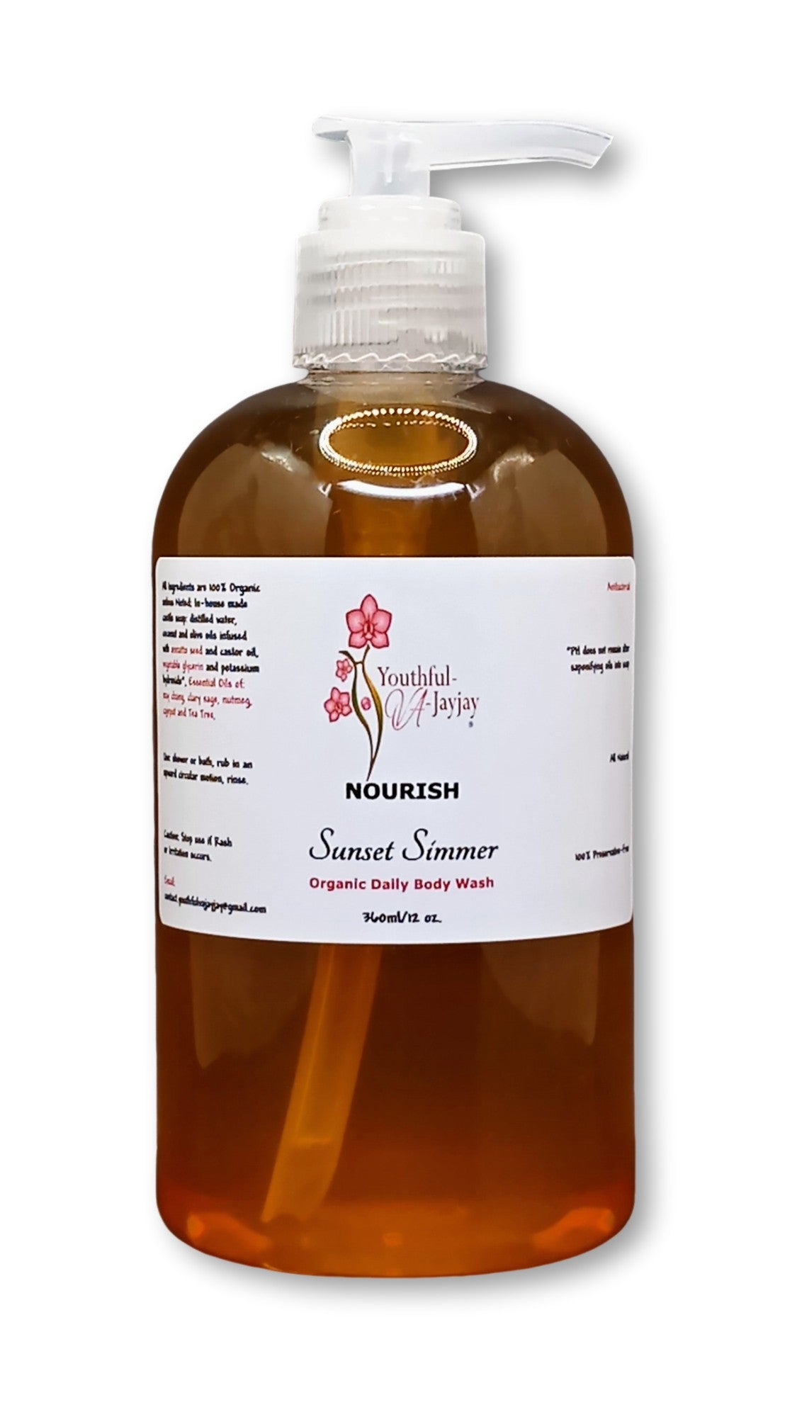 NOURISH: Sunset Simmer Organic Body Wash, Handcrafted, Anitbacterial, 12oz.
