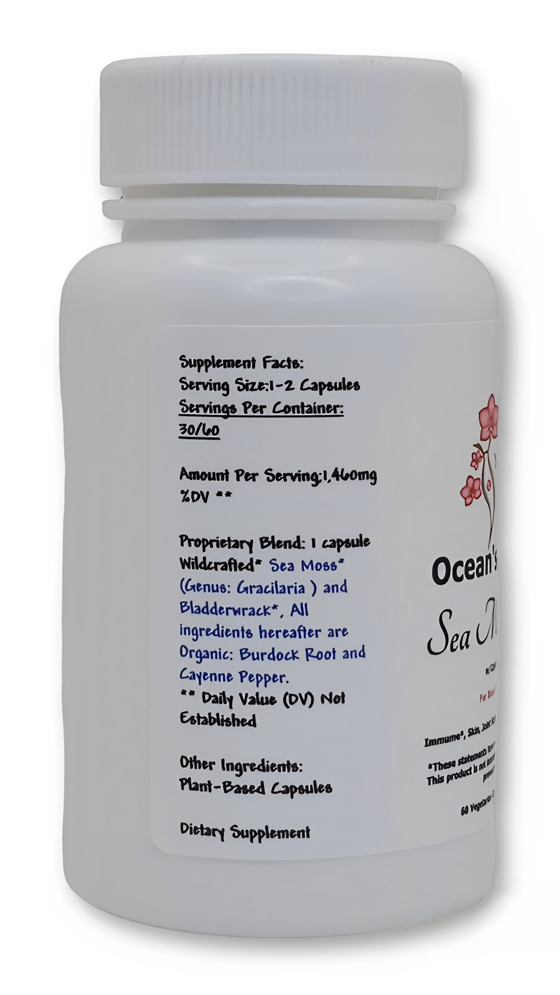 OCEAN'S HARVEST: Wildcrafted and Organic Sea Moss Blend, w/CAYENNE PEPPER, V-Caps-1,460mg