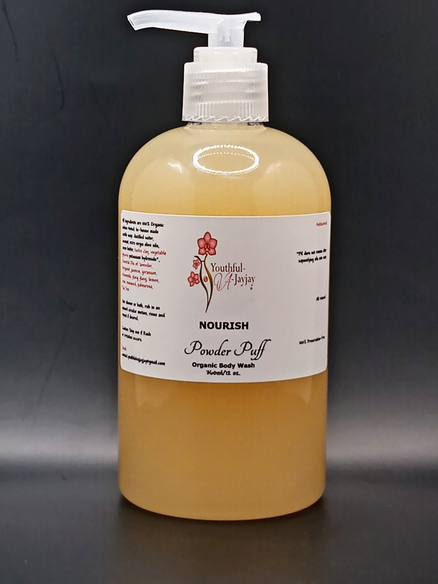 NOURISH: Powder Puff Organic Body Wash, Handcrafted, Antibacterial, 12oz.