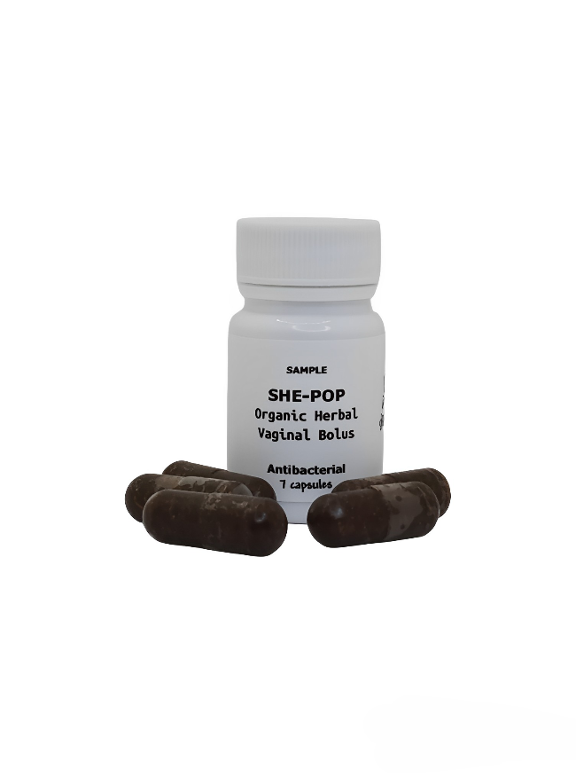 SHE-POP: Organic Herbal Vaginal Bolus- Antibacterial, Sample 7 capsules- 1,260 mg