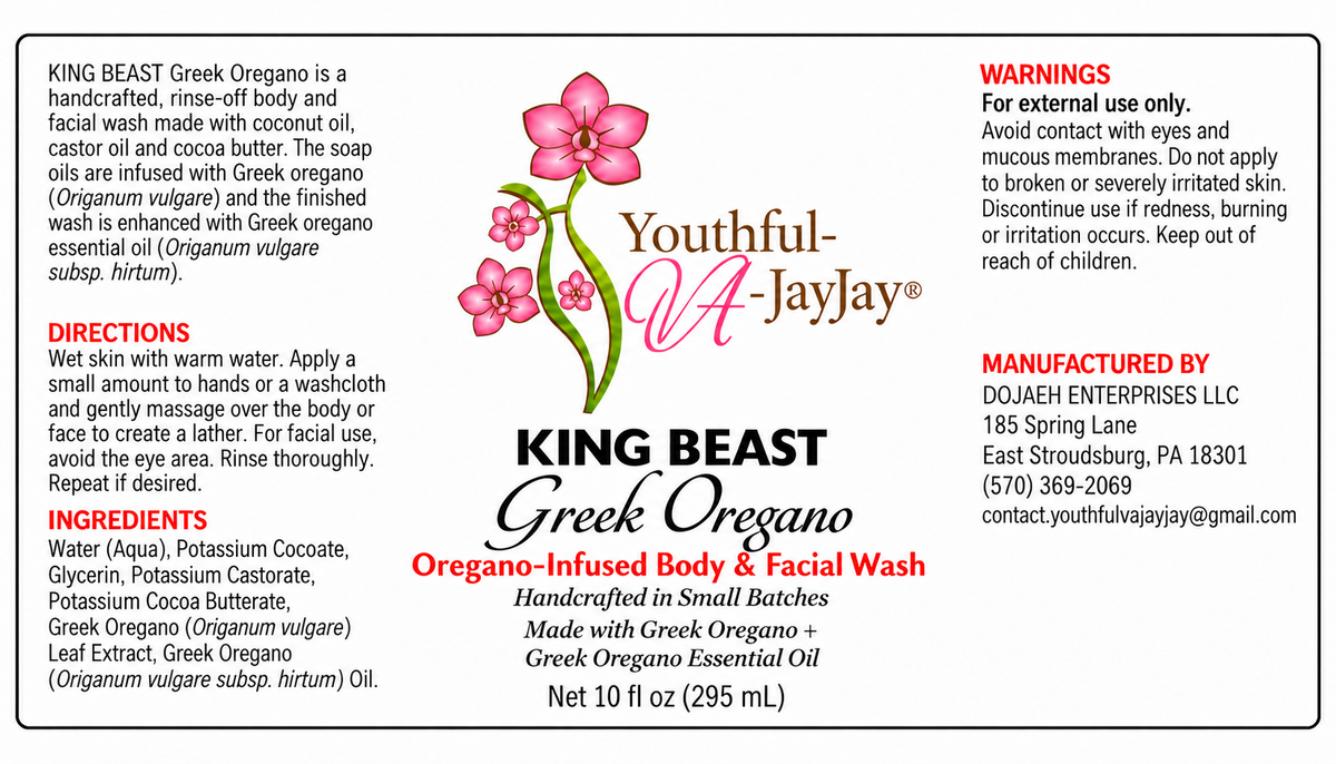 Complete KING BEAST Greek Oregano 10 fl oz label with approved ingredients directions and warnings