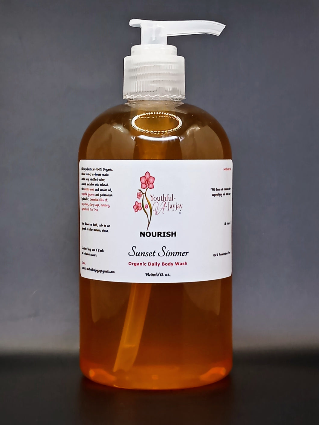 NOURISH: Sunset Simmer Organic Body Wash, Handcrafted, Anitbacterial, 12oz.