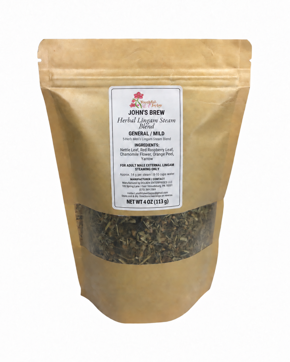 JOHN'S BREW GENERAL MILD five-herb men's lingam steam blend 4 oz pouch