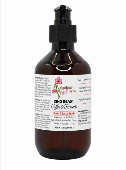 KING BEAST Coffee and Turmeric Body and Facial Wash with corrected Coffee Arabica Oil label naturally wrapped around amber pump bottle