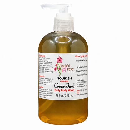 NOURISH Cinna-Bark FOR HIM 12 fl oz amber daily body wash on white background