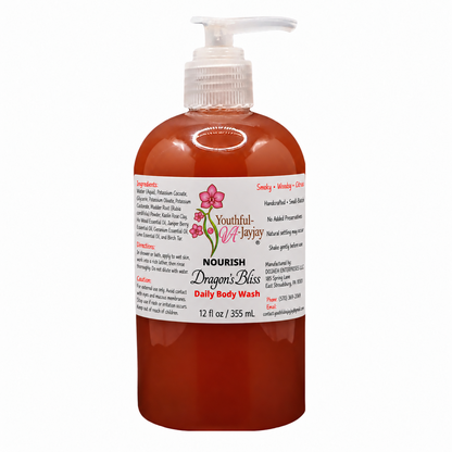 NOURISH Dragon's Bliss 12 fl oz rust red body wash with approved label on white background