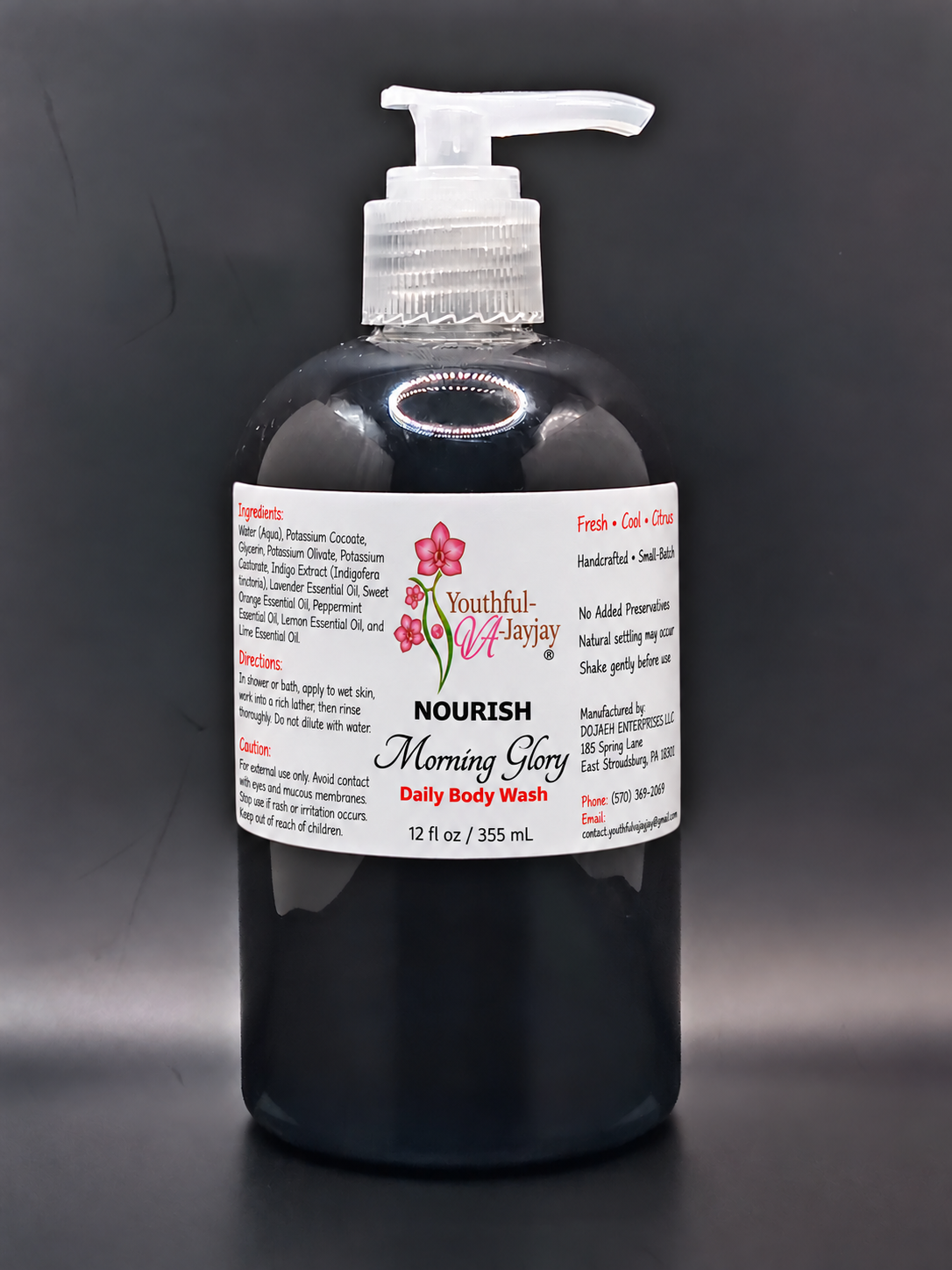 NOURISH Morning Glory daily body wash bottle on dark background