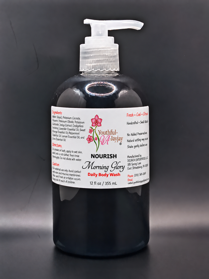 NOURISH Morning Glory daily body wash bottle on dark background