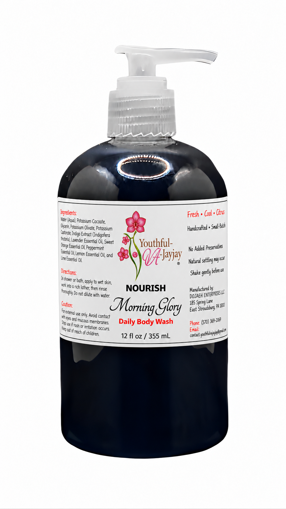 NOURISH Morning Glory 12 fl oz daily body wash bottle on white background with corrected label