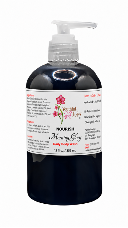 NOURISH Morning Glory 12 fl oz daily body wash bottle on white background with corrected label