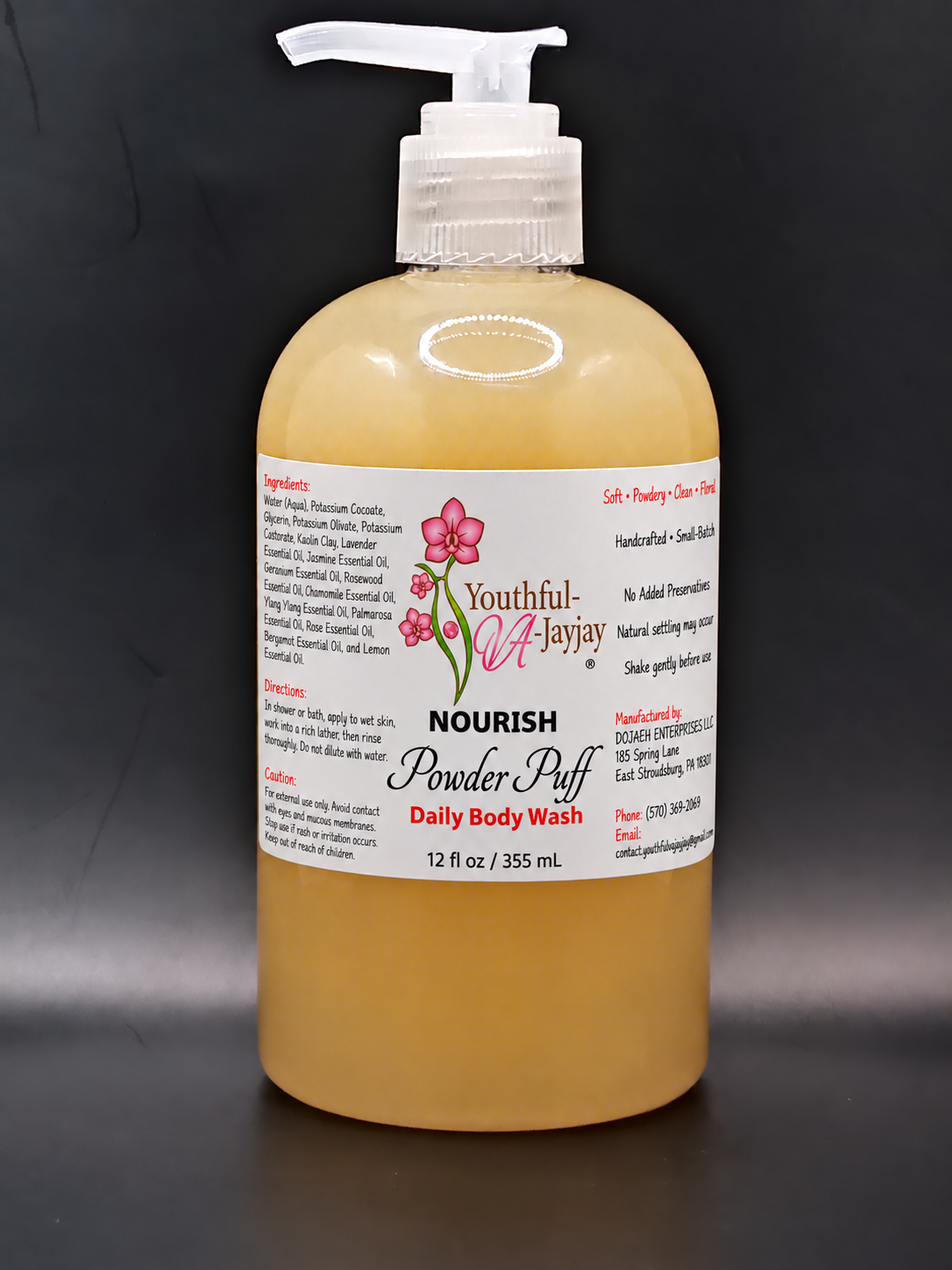 NOURISH Powder Puff 12 fl oz cream colored body wash bottle with approved label