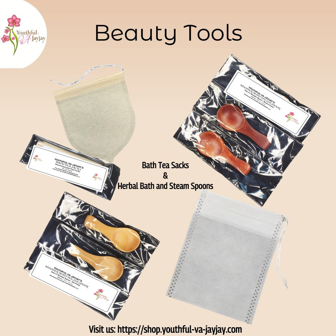 Youthful-VA-Jayjay Beauty Tools with straight fully covered spoon and bath tea sack labels