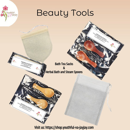 Youthful-VA-Jayjay Beauty Tools with straight fully covered spoon and bath tea sack labels