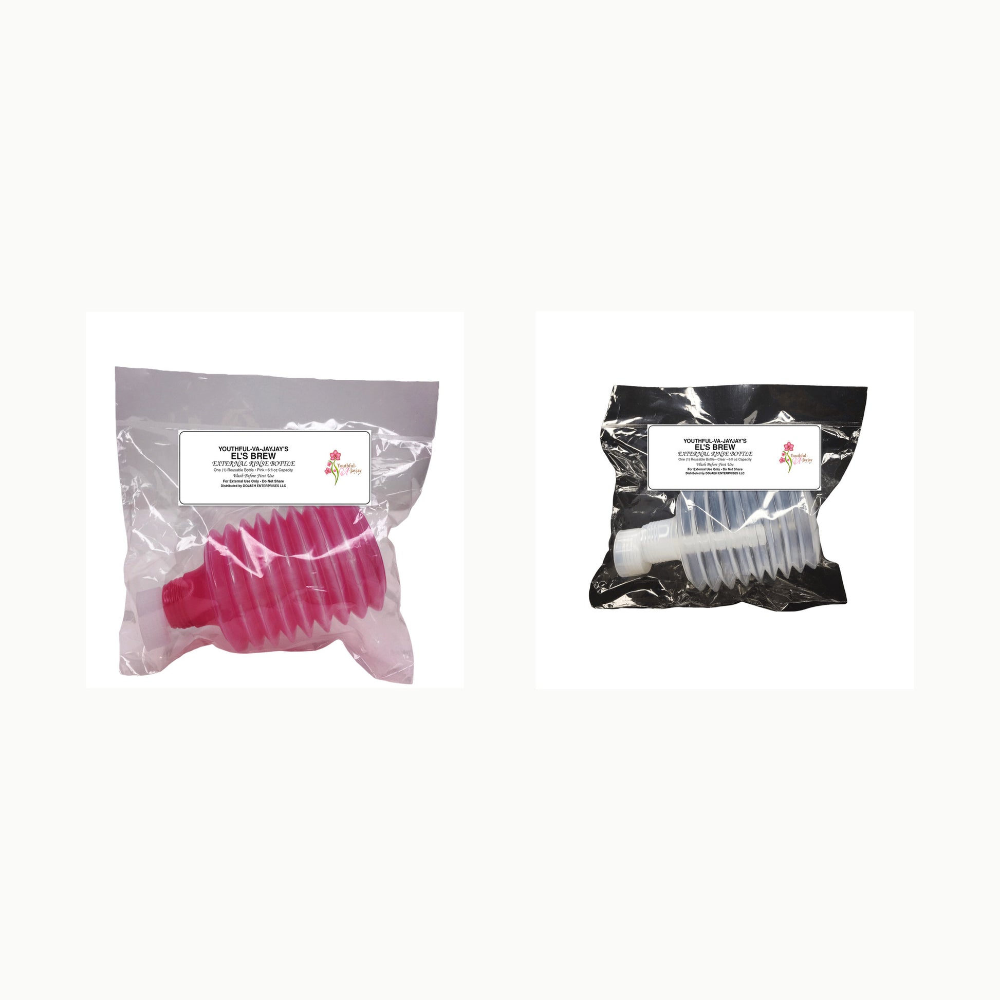Youthful-VA-Jayjay El's Brew pink and clear external rinse bottles