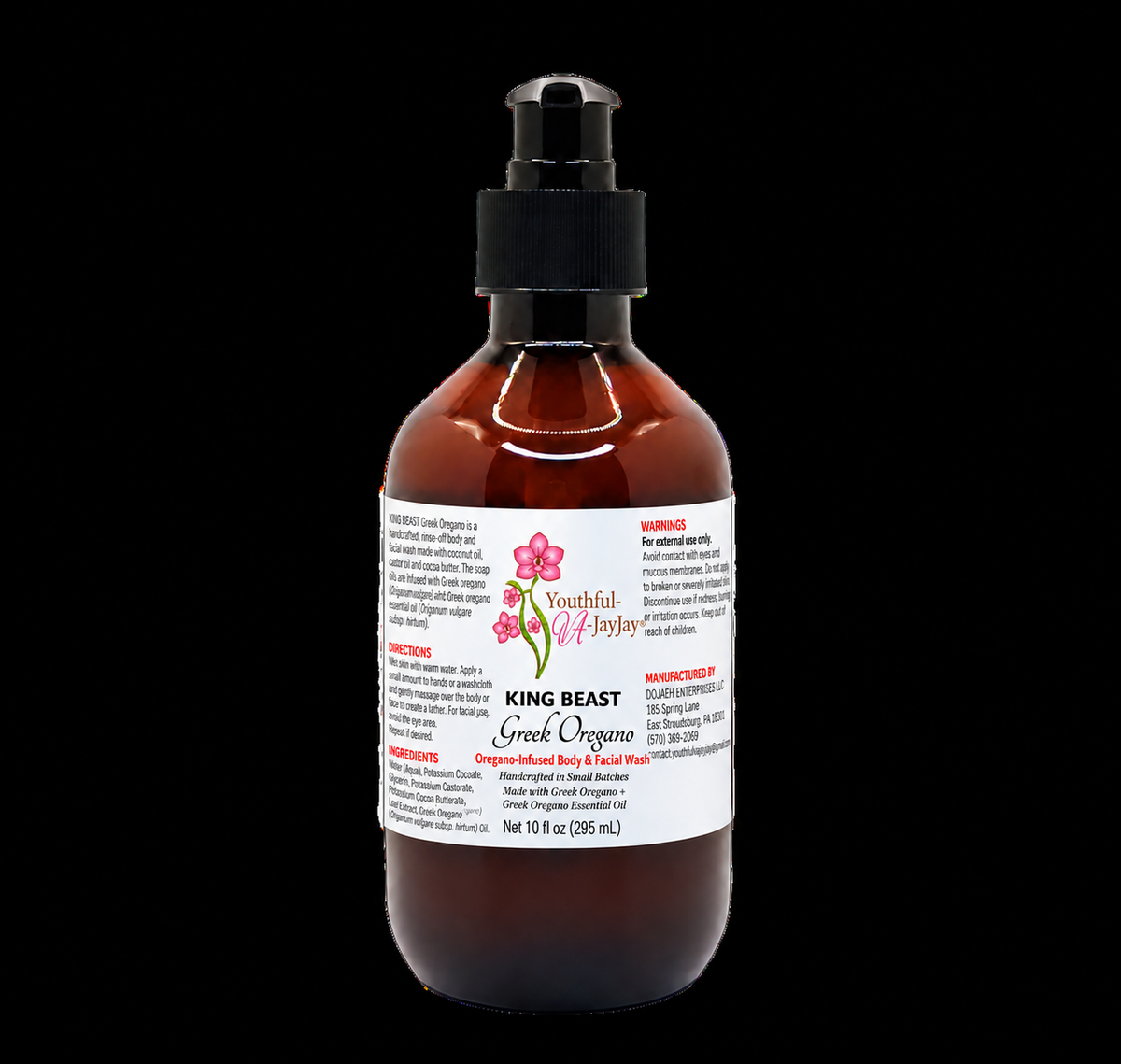 KING BEAST Greek Oregano handcrafted body and facial wash amber bottle on dark background