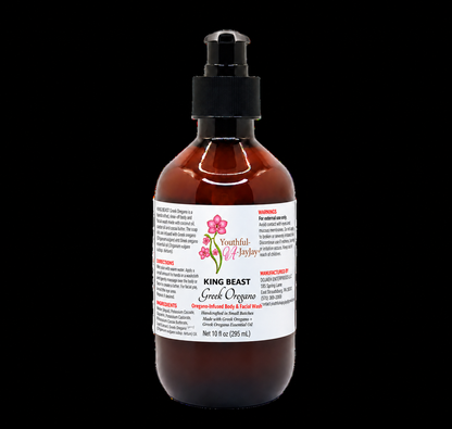 KING BEAST Greek Oregano handcrafted body and facial wash amber bottle on dark background