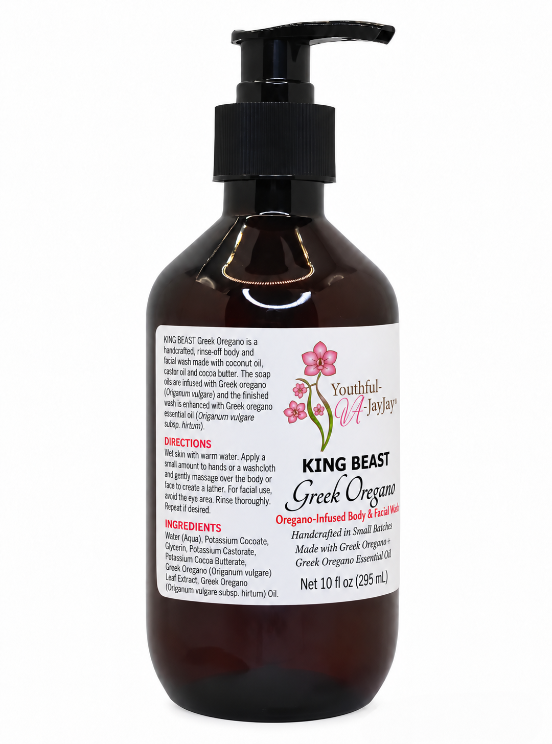 KING BEAST Greek Oregano amber wash bottle showing the ingredient list and directions