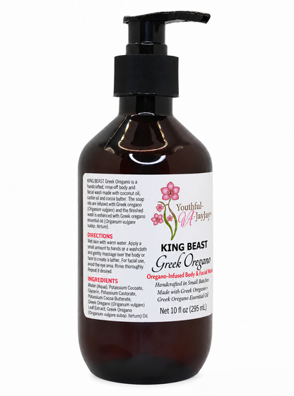 KING BEAST Greek Oregano amber wash bottle showing the ingredient list and directions