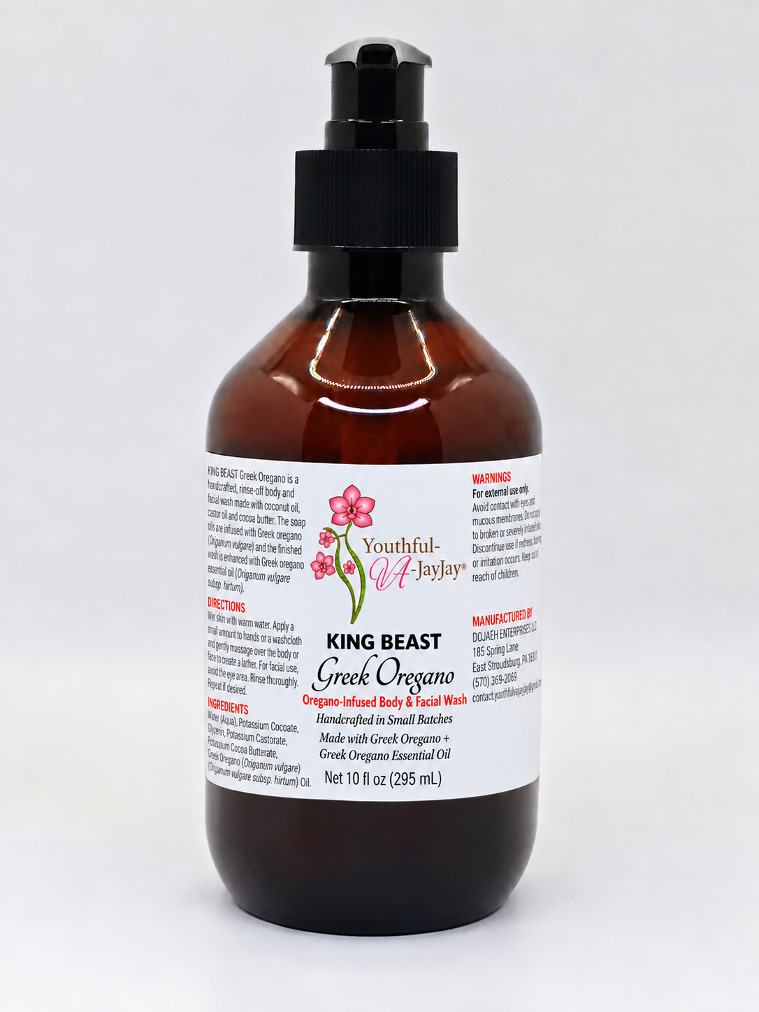 KING BEAST Greek Oregano 10 fl oz body and facial wash in amber pump bottle on a light background
