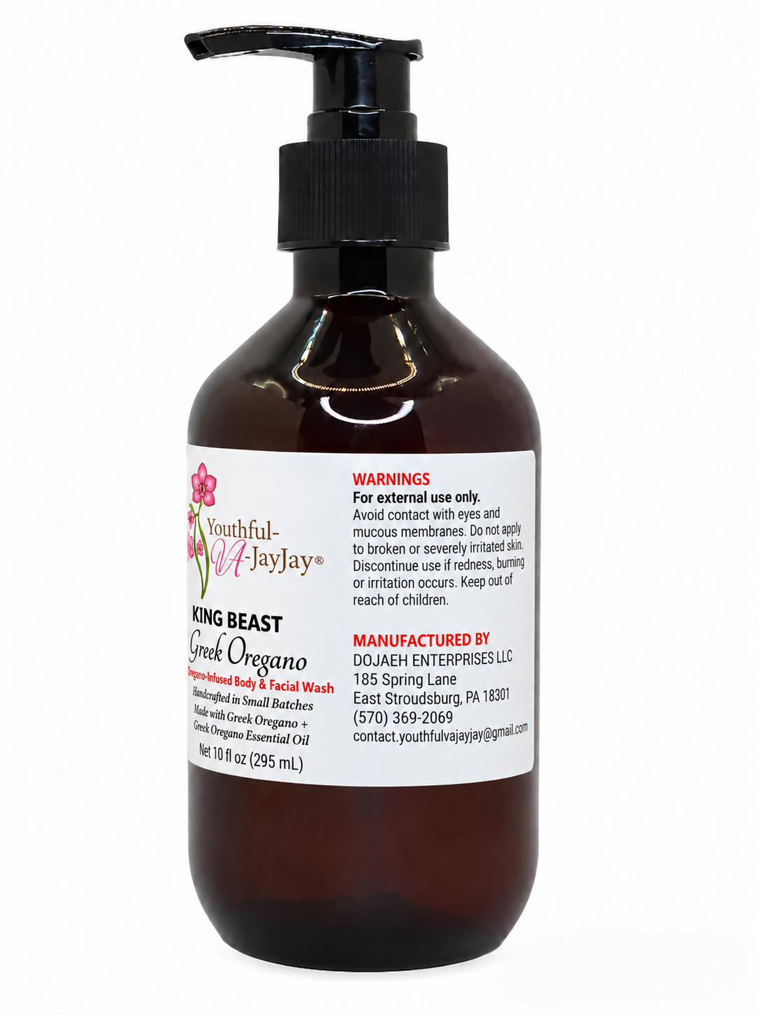 KING BEAST Greek Oregano bottle showing warnings and DOJAEH ENTERPRISES manufacturer contact details