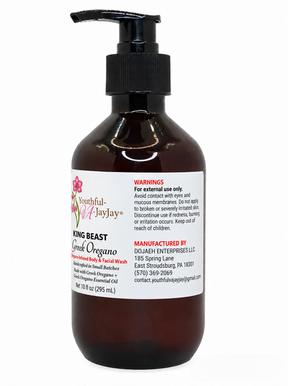 KING BEAST Greek Oregano bottle showing warnings and DOJAEH ENTERPRISES manufacturer contact details