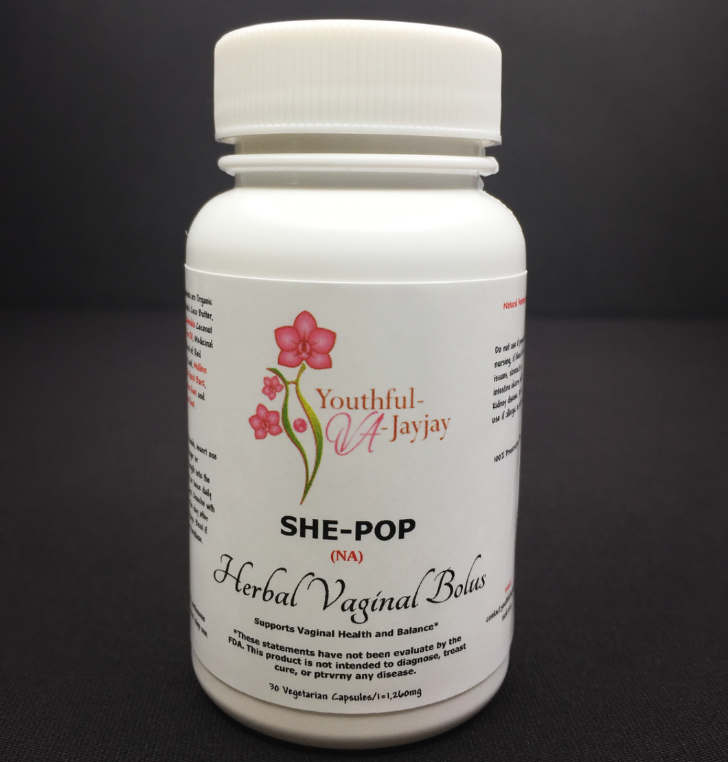SHE-POP: Organic Herbal Vaginal Bolus- Antimicrobial Use, 30 capsules- 1,260 mg